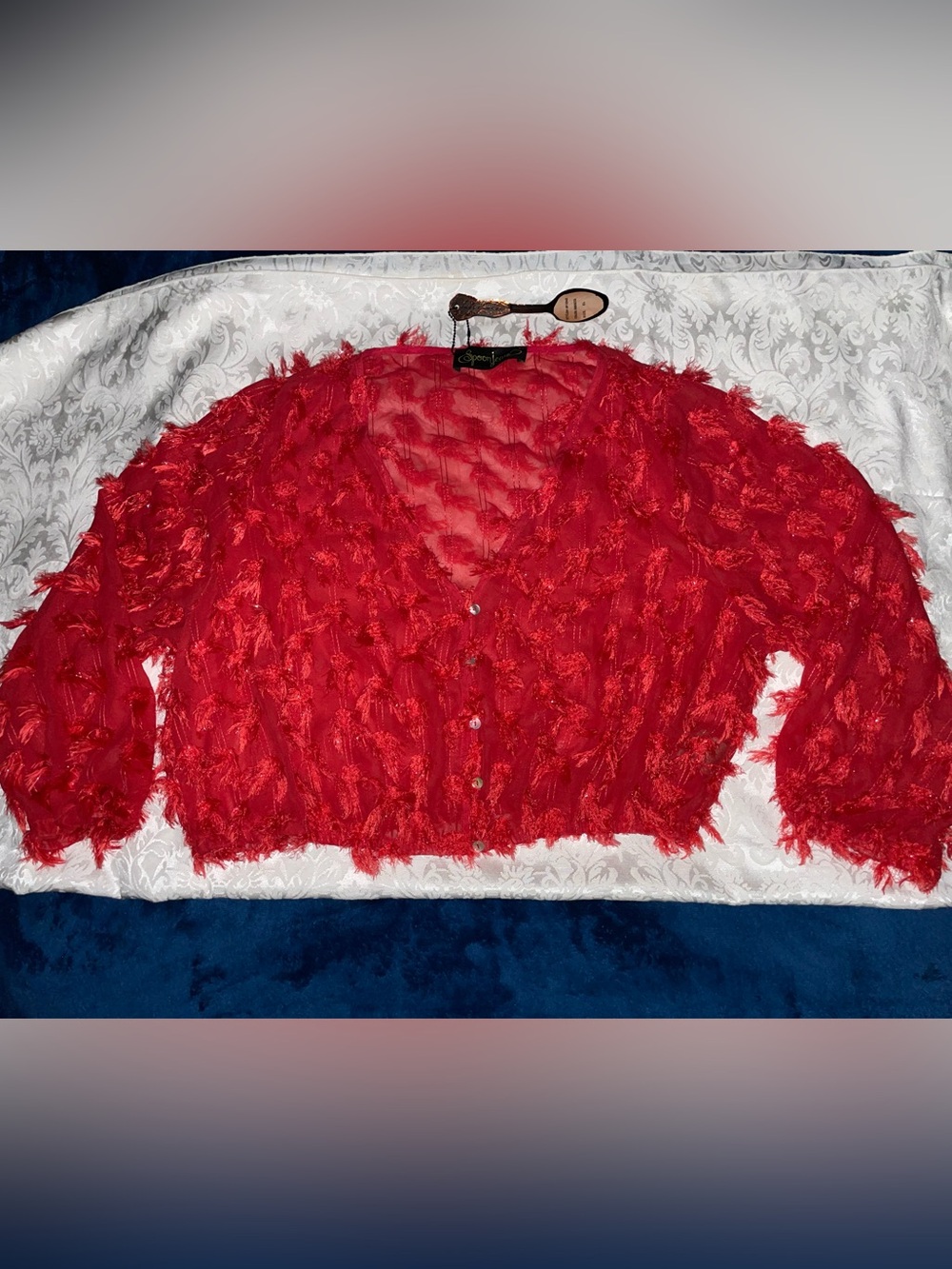 Red Textured V-Neck Button Blouse
